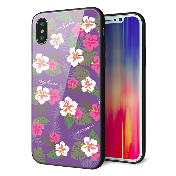 iPhone XS 強化ガラス&TPUスマホケース ガラプリ【SC886 ハワイアンアロハレトロ(パープル)】