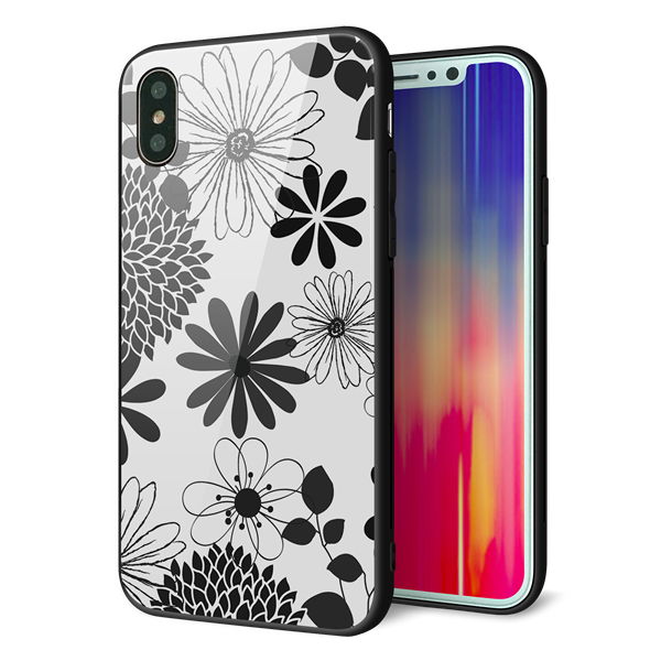 iPhone XS 強化ガラス&TPUスマホケース ガラプリ【SC912 花柄モノトーン 01】