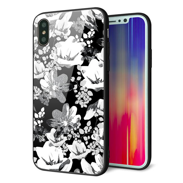 iPhone XS 強化ガラス&TPUスマホケース ガラプリ【SC913 花柄モノトーン 02】