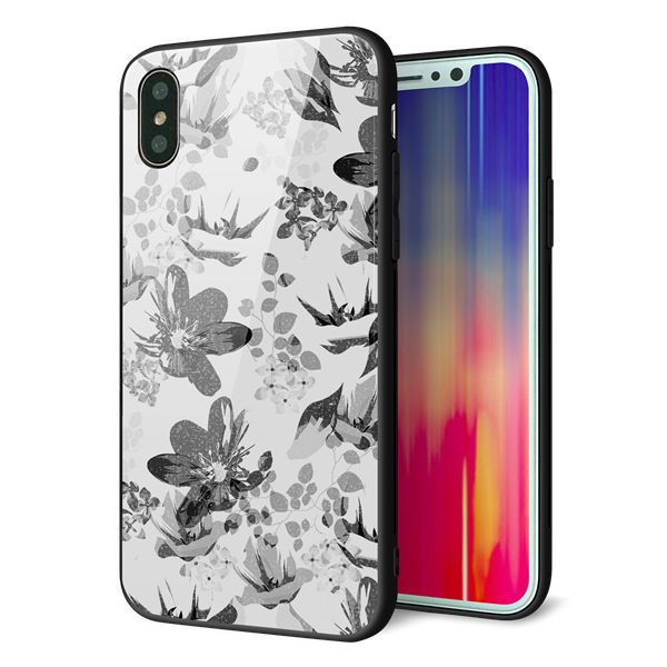 iPhone XS 強化ガラス&TPUスマホケース ガラプリ【SC914 花柄モノトーン 03】