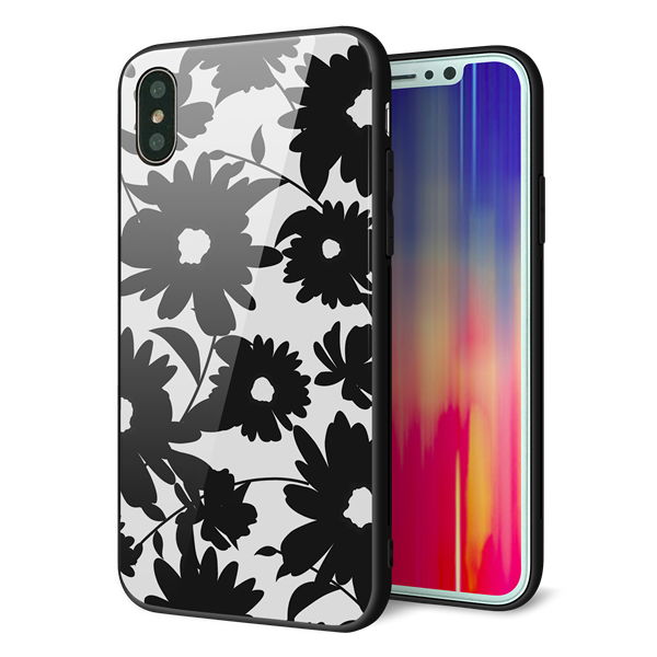 iPhone XS 強化ガラス&TPUスマホケース ガラプリ【SC916 花柄モノトーン 05】