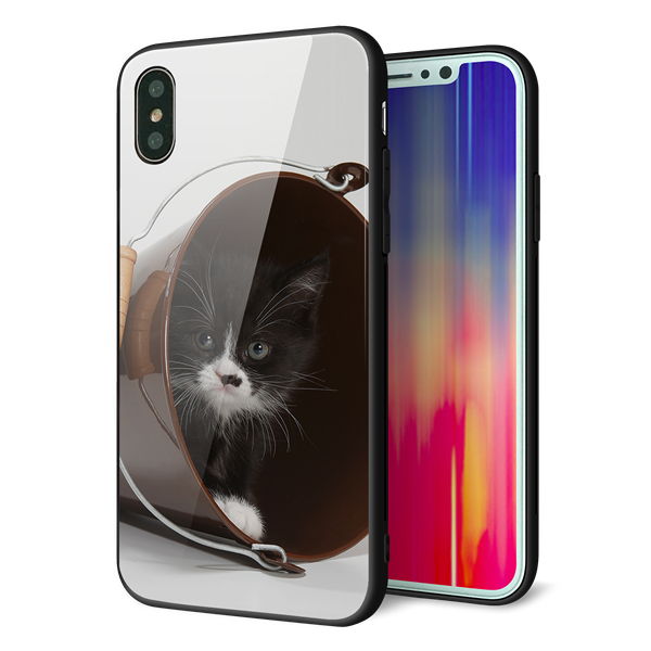 iPhone XS 強化ガラス&TPUスマホケース ガラプリ【VA800 ネコとバケツ】