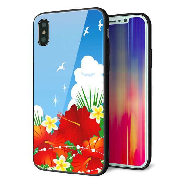 iPhone XS 強化ガラス&TPUスマホケース ガラプリ【VA821 ハイビスカスと青空】