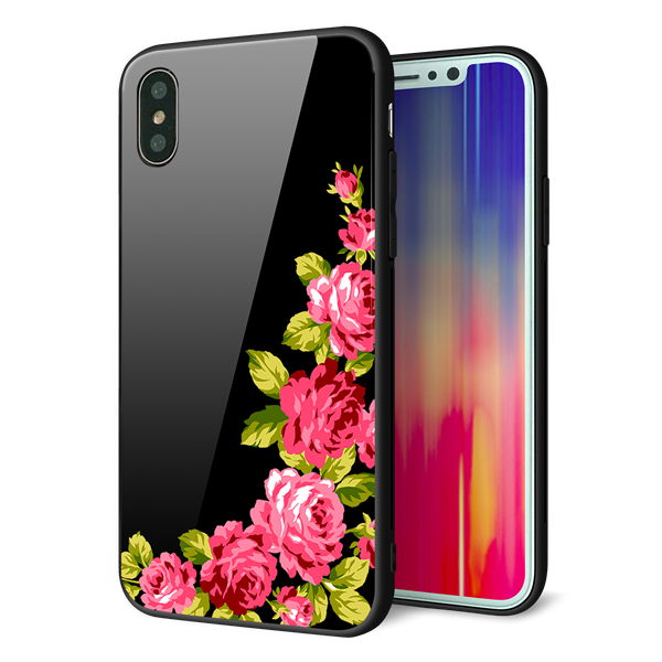 iPhone XS 強化ガラス&TPUスマホケース ガラプリ【VA826 バラのフレーム(黒)】