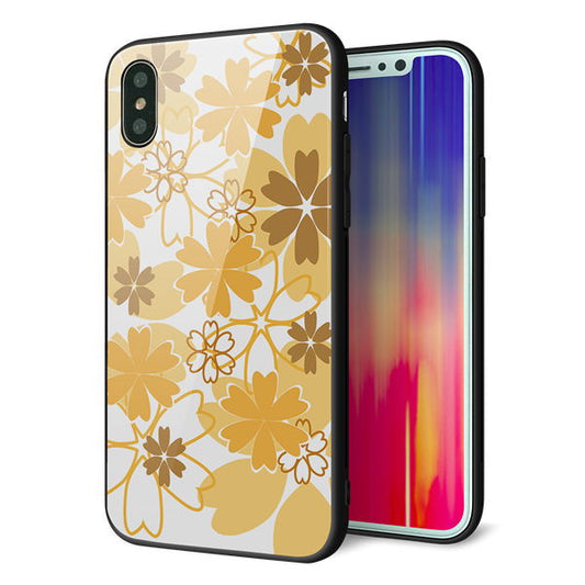 iPhone XS 強化ガラス&TPUスマホケース ガラプリ【VA959 重なり合う花 オレンジ】