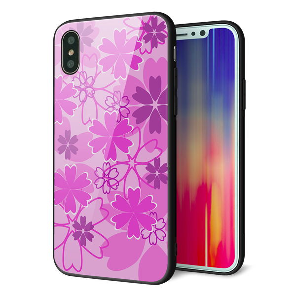 iPhone XS 強化ガラス&TPUスマホケース ガラプリ【VA961 重なり合う花 ピンク】