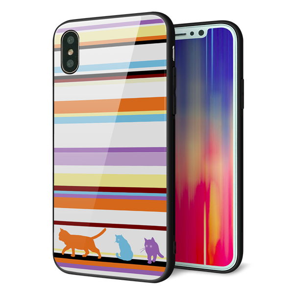 iPhone XS 強化ガラス&TPUスマホケース ガラプリ【YA887 ストライプネコ01】
