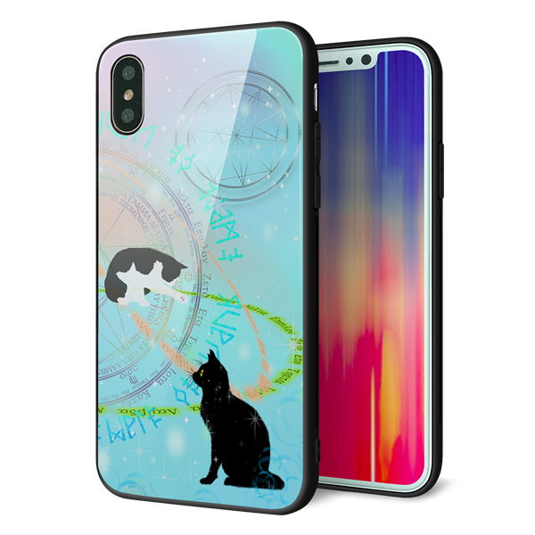 iPhone XS 強化ガラス&TPUスマホケース ガラプリ【YJ329 魔法陣猫 キラキラ パステル】