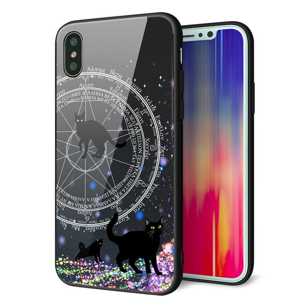 iPhone XS 強化ガラス&TPUスマホケース ガラプリ【YJ330 魔法陣猫 キラキラ 黒猫】