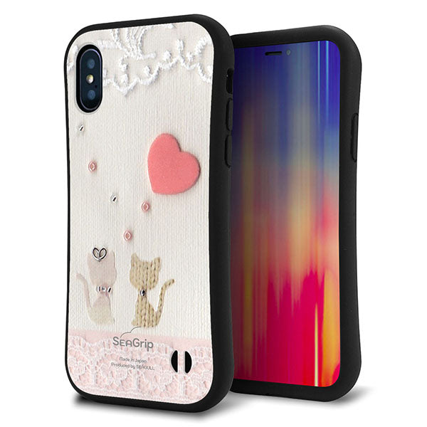 iPhone XS スマホケース 「SEA Grip」 グリップケース Sライン 【1104 クラフト写真 ネコ (ハートM) 】 UV印刷