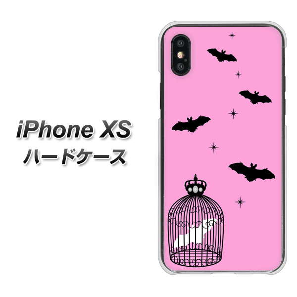 iPhone XS 高画質仕上げ 背面印刷 ハードケース【AG808 こうもりの王冠鳥かご(ピンク×黒)】