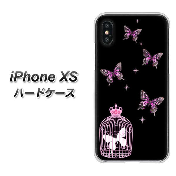 iPhone XS 高画質仕上げ 背面印刷 ハードケース【AG811 蝶の王冠鳥かご(黒×ピンク)】
