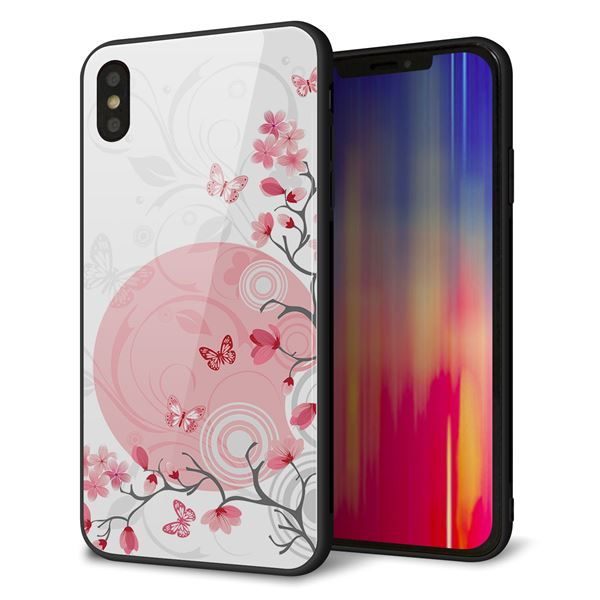 iPhone XS Max 強化ガラス&TPUスマホケース ガラプリ【030 花と蝶(うす桃色)】