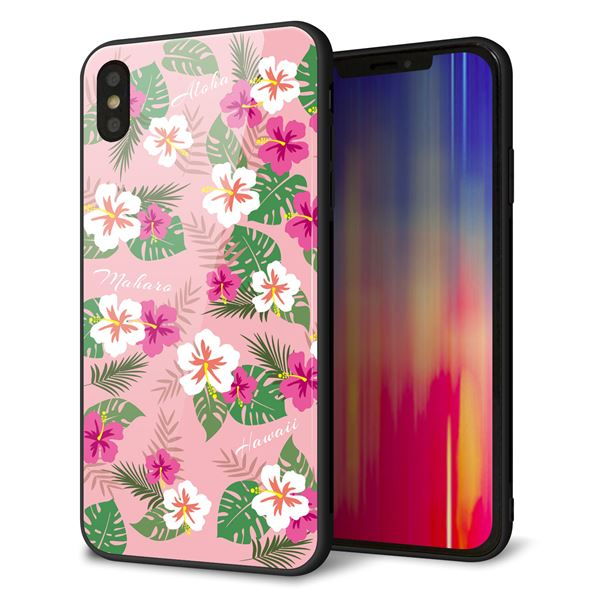 iPhone XS Max 強化ガラス&TPUスマホケース ガラプリ【SC882 ハワイアンアロハレトロ(ピンク)】