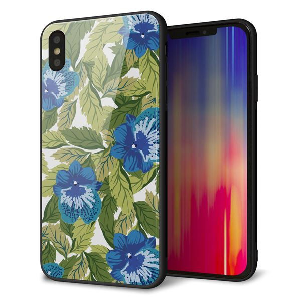 iPhone XS Max 強化ガラス&TPUスマホケース ガラプリ【SC896 ボタニカル ブルー&リーフ】