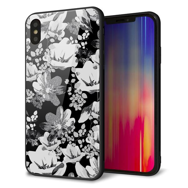 iPhone XS Max 強化ガラス&TPUスマホケース ガラプリ【SC913 花柄モノトーン 02】