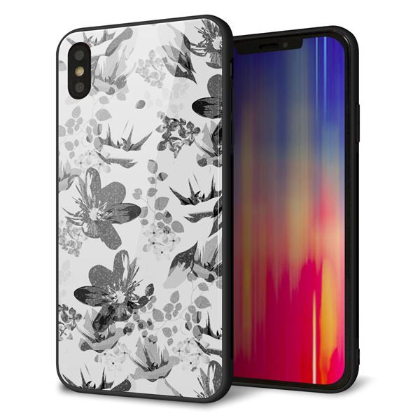iPhone XS Max 強化ガラス&TPUスマホケース ガラプリ【SC914 花柄モノトーン 03】
