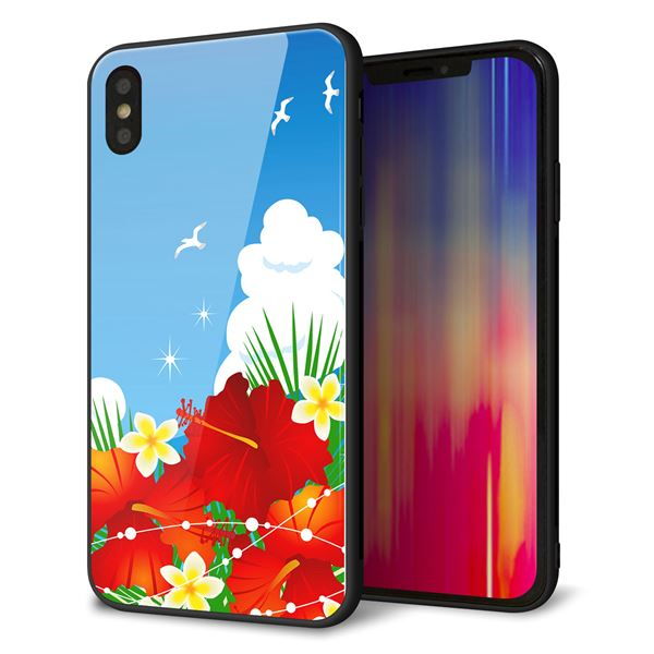 iPhone XS Max 強化ガラス&TPUスマホケース ガラプリ【VA821 ハイビスカスと青空】