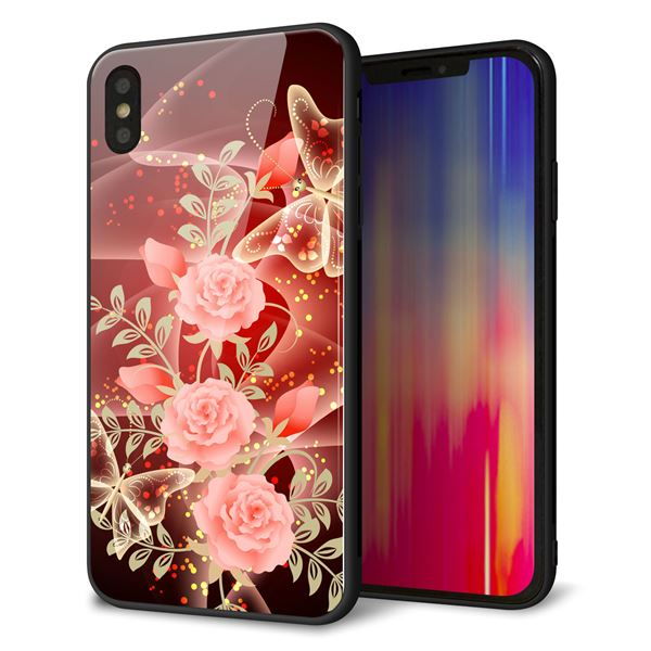 iPhone XS Max 強化ガラス&TPUスマホケース ガラプリ【VA824 魅惑の蝶とピンクのバラ】