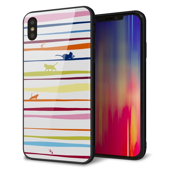 iPhone XS Max 強化ガラス&TPUスマホケース ガラプリ【YA893 ストライプネコ02 L】