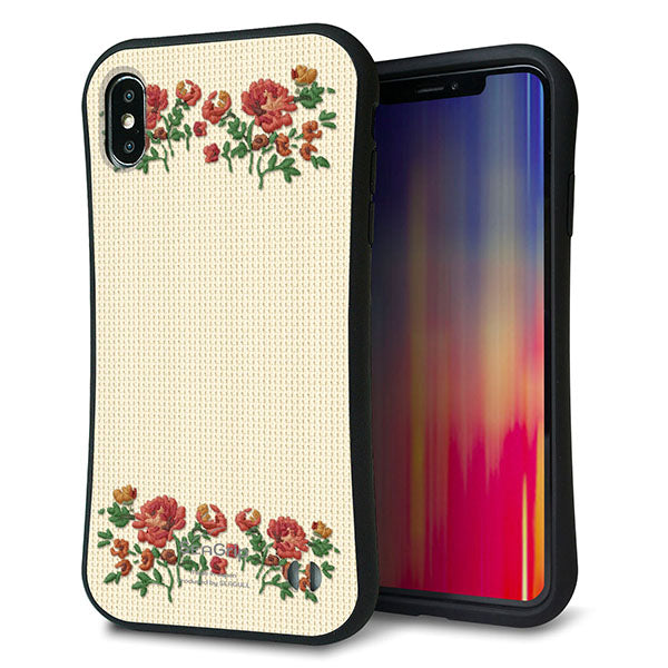 iPhone XS Max スマホケース 「SEA Grip」 グリップケース Sライン 【KM941 花刺繍風 レッドフラワー オフホワイト 】 UV印刷
