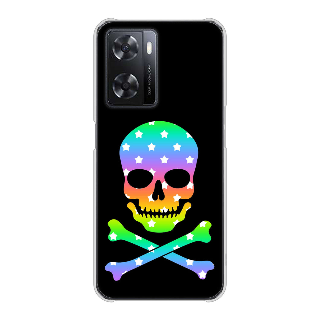 OPPO A77 高画質仕上げ 背面印刷 ハードケース【1072 ドクロフレームレインボースター】