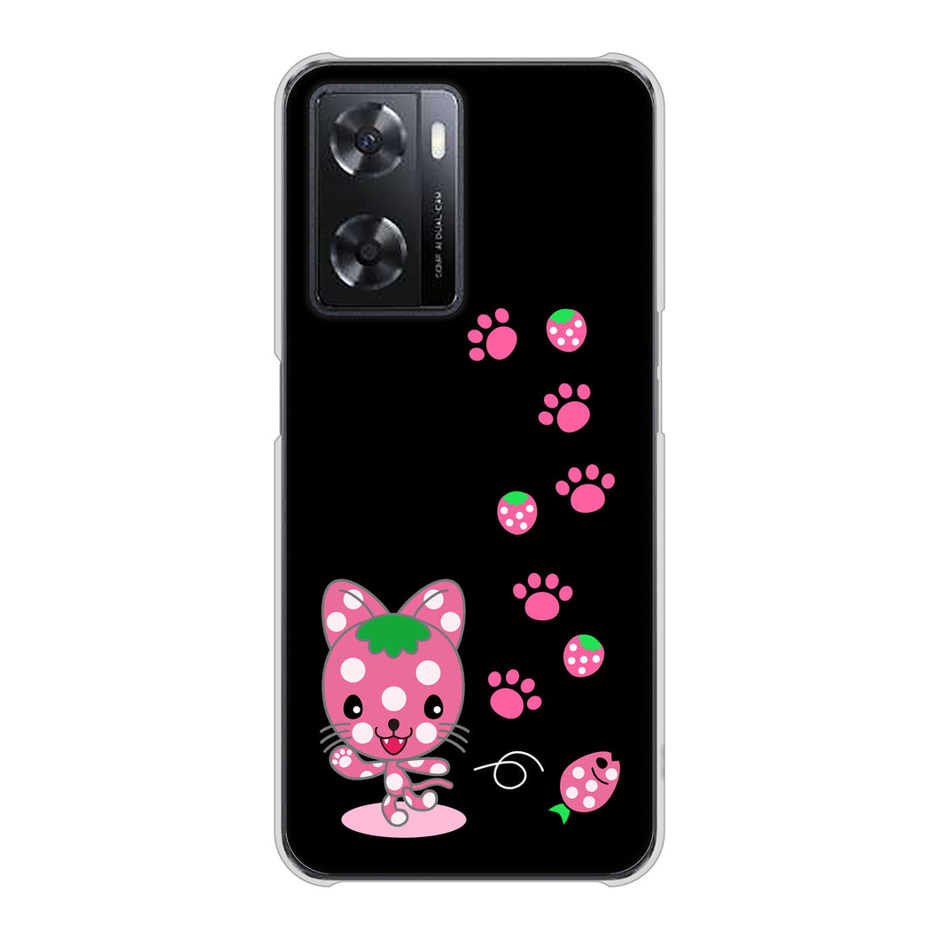 OPPO A77 高画質仕上げ 背面印刷 ハードケース【AG820 イチゴ猫のにゃんベリー(黒)】