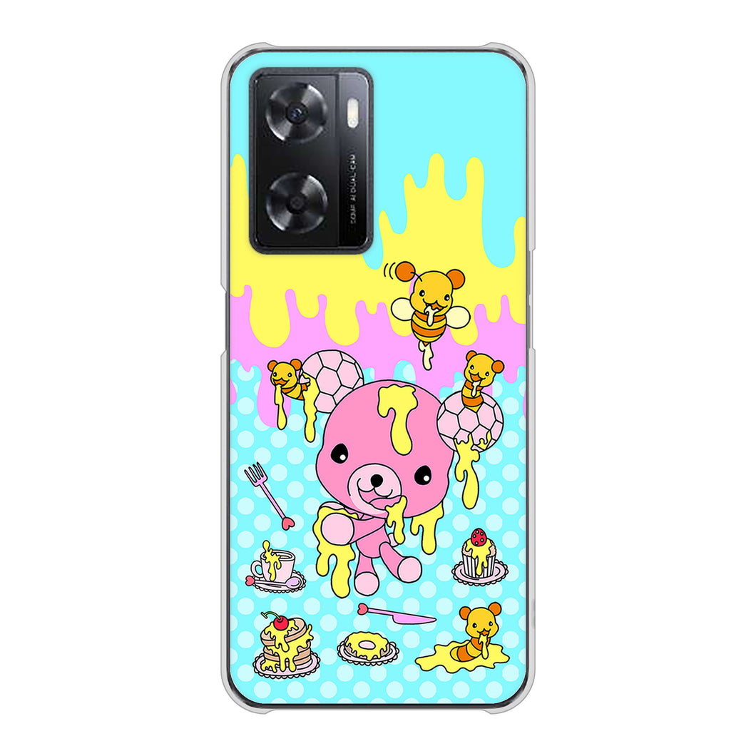 OPPO A77 高画質仕上げ 背面印刷 ハードケース【AG821 ハニベア(水玉水色)】