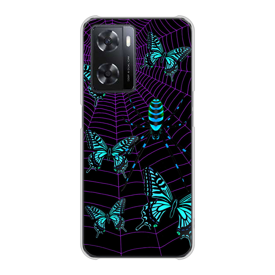 OPPO A77 高画質仕上げ 背面印刷 ハードケース【AG830 蜘蛛の巣に舞う蝶(青)】