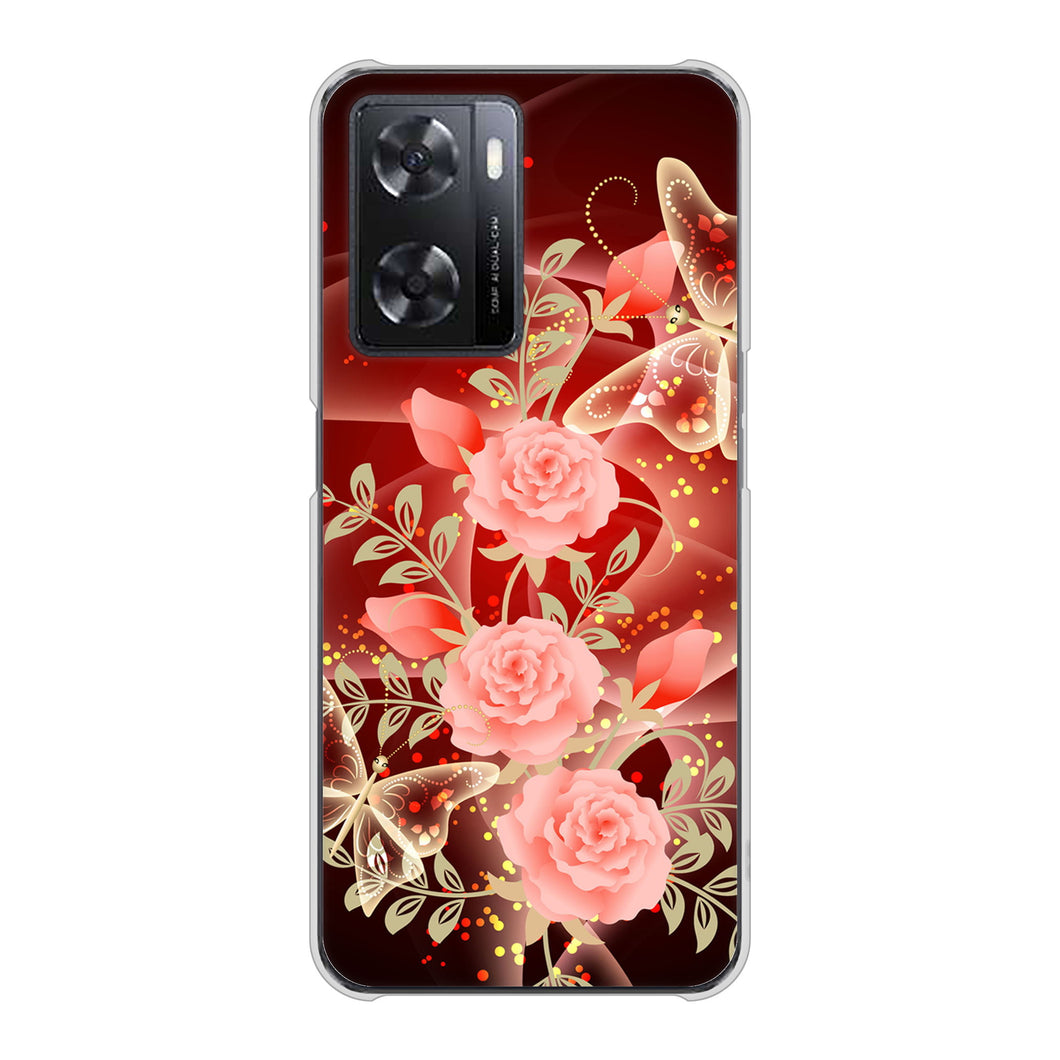 OPPO A77 高画質仕上げ 背面印刷 ハードケース【VA824 魅惑の蝶とピンクのバラ】