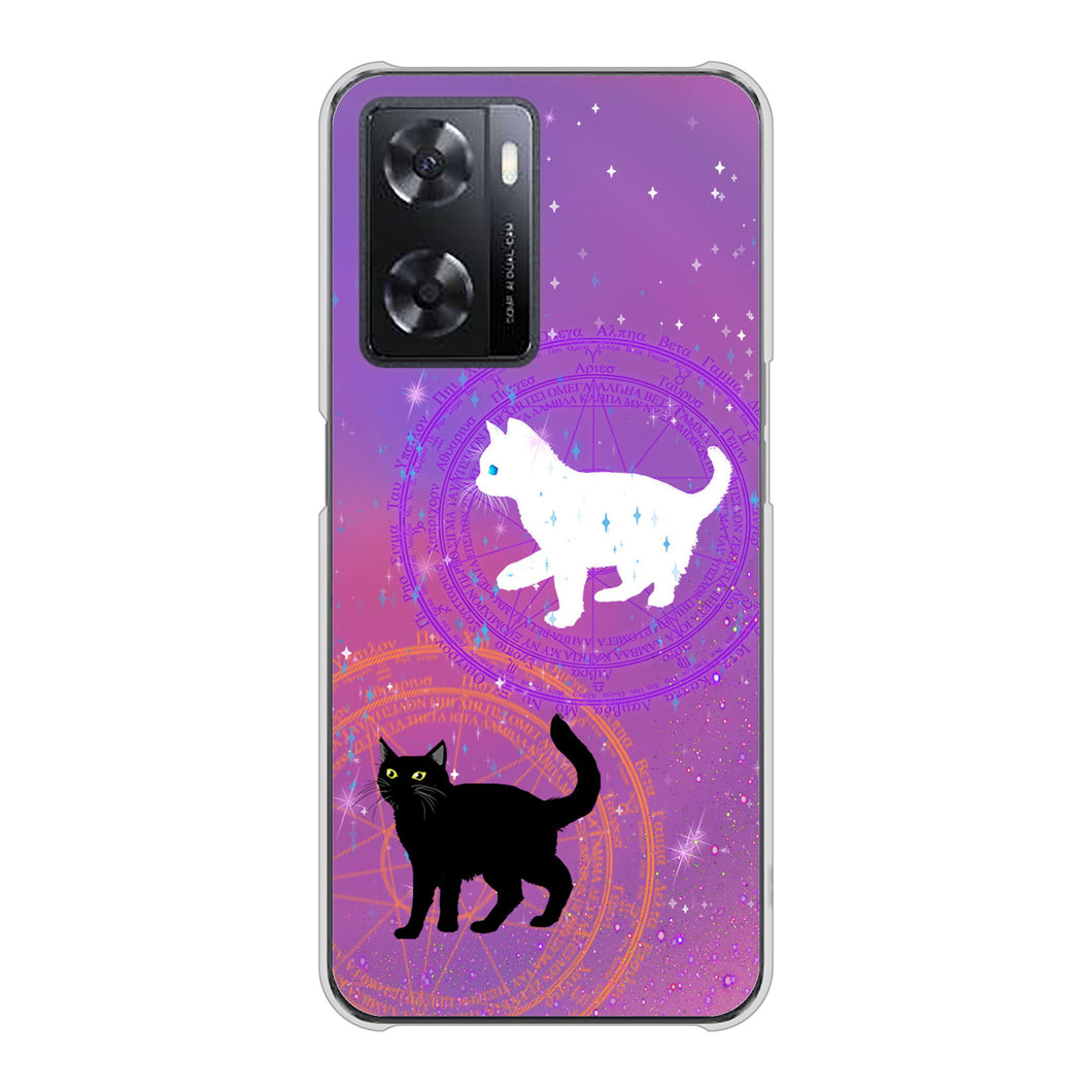 OPPO A77 高画質仕上げ 背面印刷 ハードケース【YJ328 魔法陣猫 キラキラ かわいい ピンク】