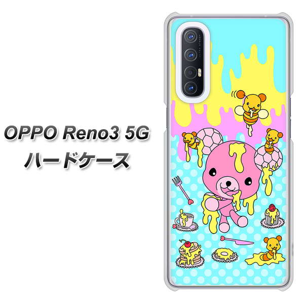 SoftBank OPPO Reno3 5G 高画質仕上げ 背面印刷 ハードケース【AG821 ハニベア(水玉水色)】