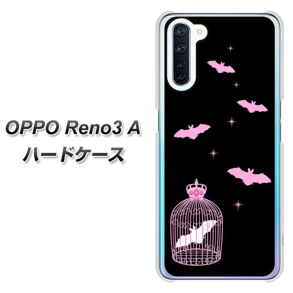 SIMフリー OPPO Reno3 A 高画質仕上げ 背面印刷 ハードケース【AG809 こうもりの王冠鳥かご(黒×ピンク)】
