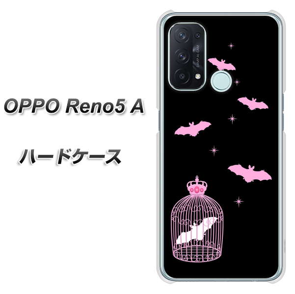 SIMフリー オッポ Reno5 A 高画質仕上げ 背面印刷 ハードケース【AG809 こうもりの王冠鳥かご(黒×ピンク)】