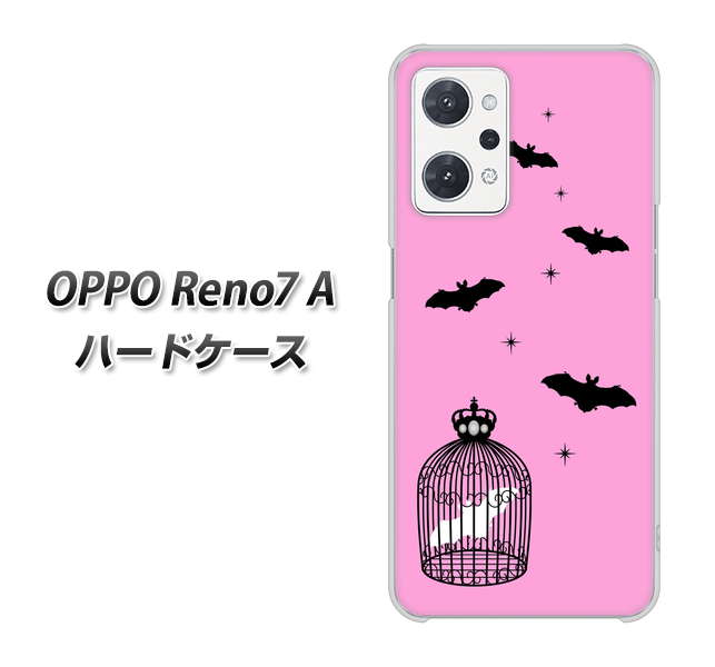 OPPO Reno7 A 高画質仕上げ 背面印刷 ハードケース【AG808 こうもりの王冠鳥かご(ピンク×黒)】