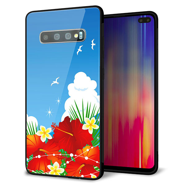 docomo ギャラクシー S10+ SC-04L 強化ガラス&TPUスマホケース ガラプリ【VA821 ハイビスカスと青空】