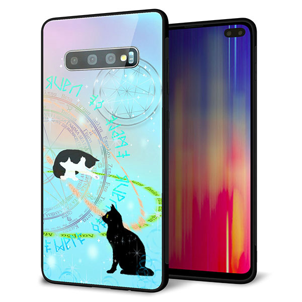 docomo ギャラクシー S10+ SC-04L 強化ガラス&TPUスマホケース ガラプリ【YJ329 魔法陣猫 キラキラ パステル】