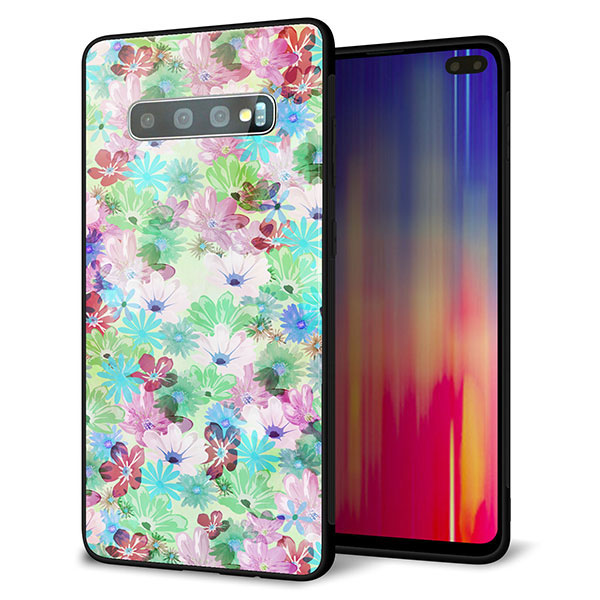 docomo ギャラクシー S10+ オリンピック限定モデル SC-05L 強化ガラス&TPUスマホケース ガラプリ【SC872 リバティプリント プレスドフラワー(グリーン)】