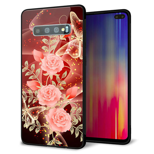 docomo ギャラクシー S10+ オリンピック限定モデル SC-05L 強化ガラス&TPUスマホケース ガラプリ【VA824 魅惑の蝶とピンクのバラ】
