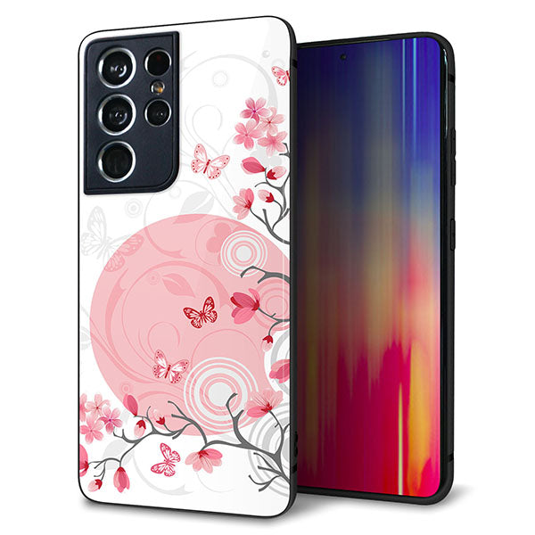 docomo ギャラクシーS21 ウルトラ 5G SC-52B 強化ガラス&TPUスマホケース ガラプリ【030 花と蝶(うす桃色)】