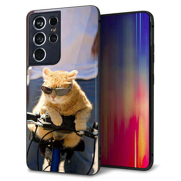 docomo ギャラクシーS21 ウルトラ 5G SC-52B 強化ガラス&TPUスマホケース ガラプリ【595 にゃんとサイクル】