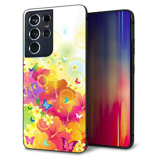 docomo ギャラクシーS21 ウルトラ 5G SC-52B 強化ガラス&TPUスマホケース ガラプリ【647 ハイビスカスと蝶】