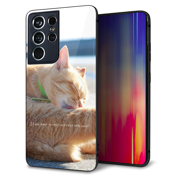docomo ギャラクシーS21 ウルトラ 5G SC-52B 強化ガラス&TPUスマホケース ガラプリ【KM876 猫】