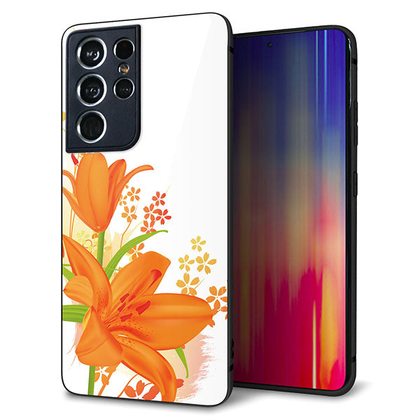 docomo ギャラクシーS21 ウルトラ 5G SC-52B 強化ガラス&TPUスマホケース ガラプリ【SC848 ユリ(オレンジ)】