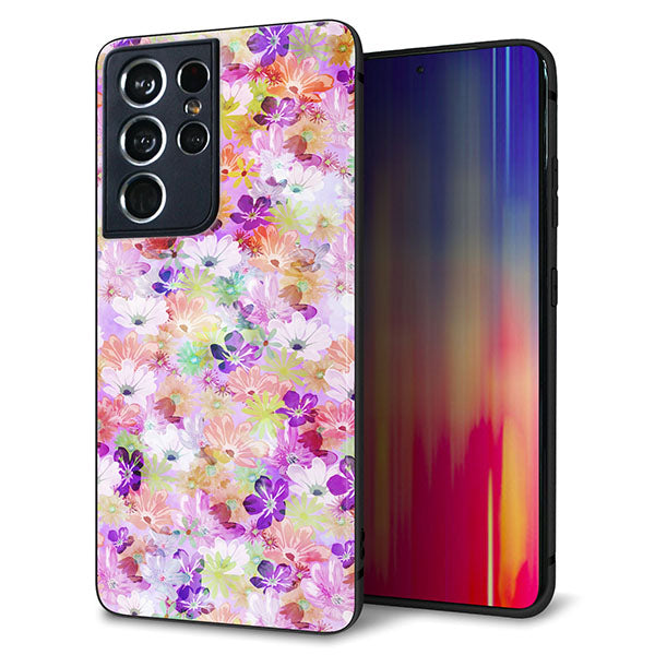 docomo ギャラクシーS21 ウルトラ 5G SC-52B 強化ガラス&TPUスマホケース ガラプリ【SC873 リバティプリント プレスドフラワー(パープル)】