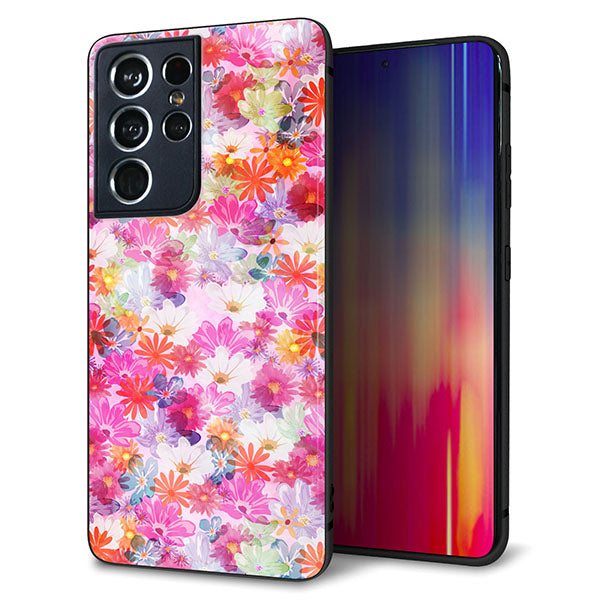 docomo ギャラクシーS21 ウルトラ 5G SC-52B 強化ガラス&TPUスマホケース ガラプリ【SC874 リバティプリント プレスドフラワー(ピンク)】