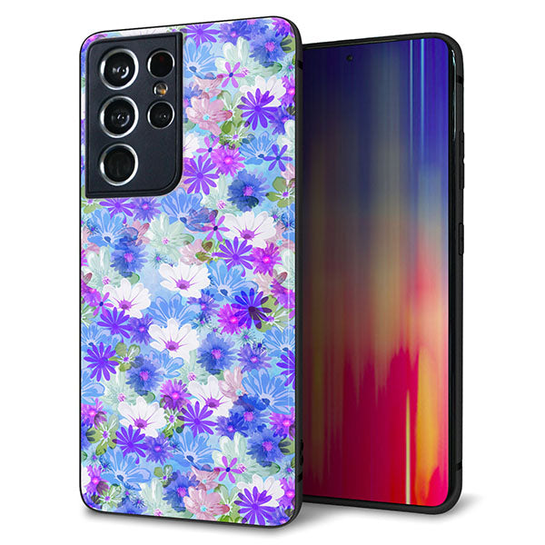 docomo ギャラクシーS21 ウルトラ 5G SC-52B 強化ガラス&TPUスマホケース ガラプリ【SC875 リバティプリント プレスドフラワー(ブルー)】
