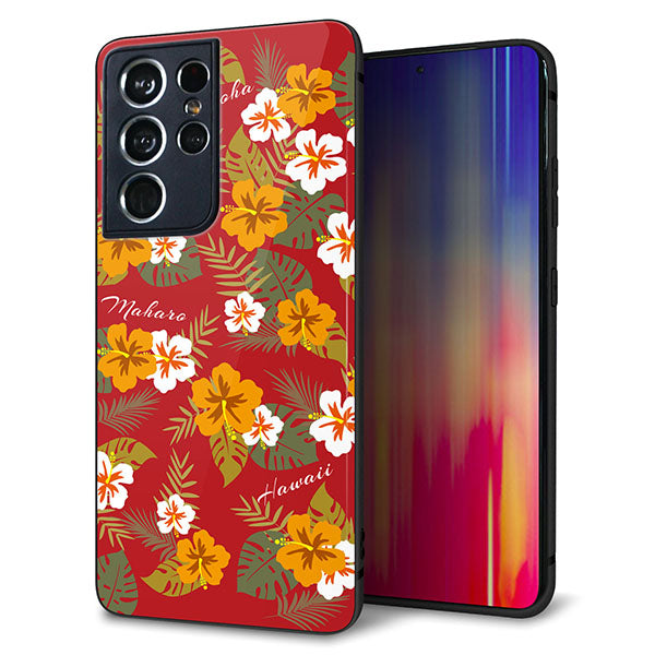 docomo ギャラクシーS21 ウルトラ 5G SC-52B 強化ガラス&TPUスマホケース ガラプリ【SC885 ハワイアンアロハレトロ(レッド)】