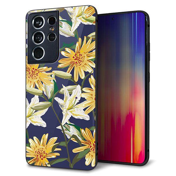 docomo ギャラクシーS21 ウルトラ 5G SC-52B 強化ガラス&TPUスマホケース ガラプリ【SC893 ボタニカル デイジー&リリー】