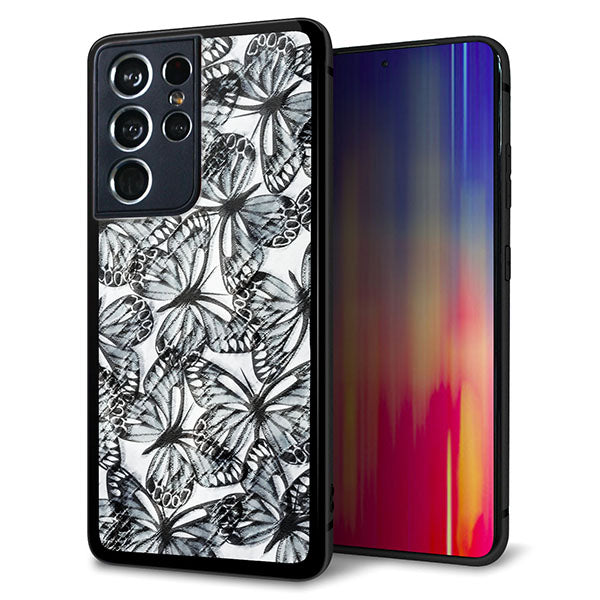 docomo ギャラクシーS21 ウルトラ 5G SC-52B 強化ガラス&TPUスマホケース ガラプリ【SC905 ガーデンバタフライ ブラック】